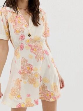Free People Floral Mini Dress Collared Boho Flowy XS